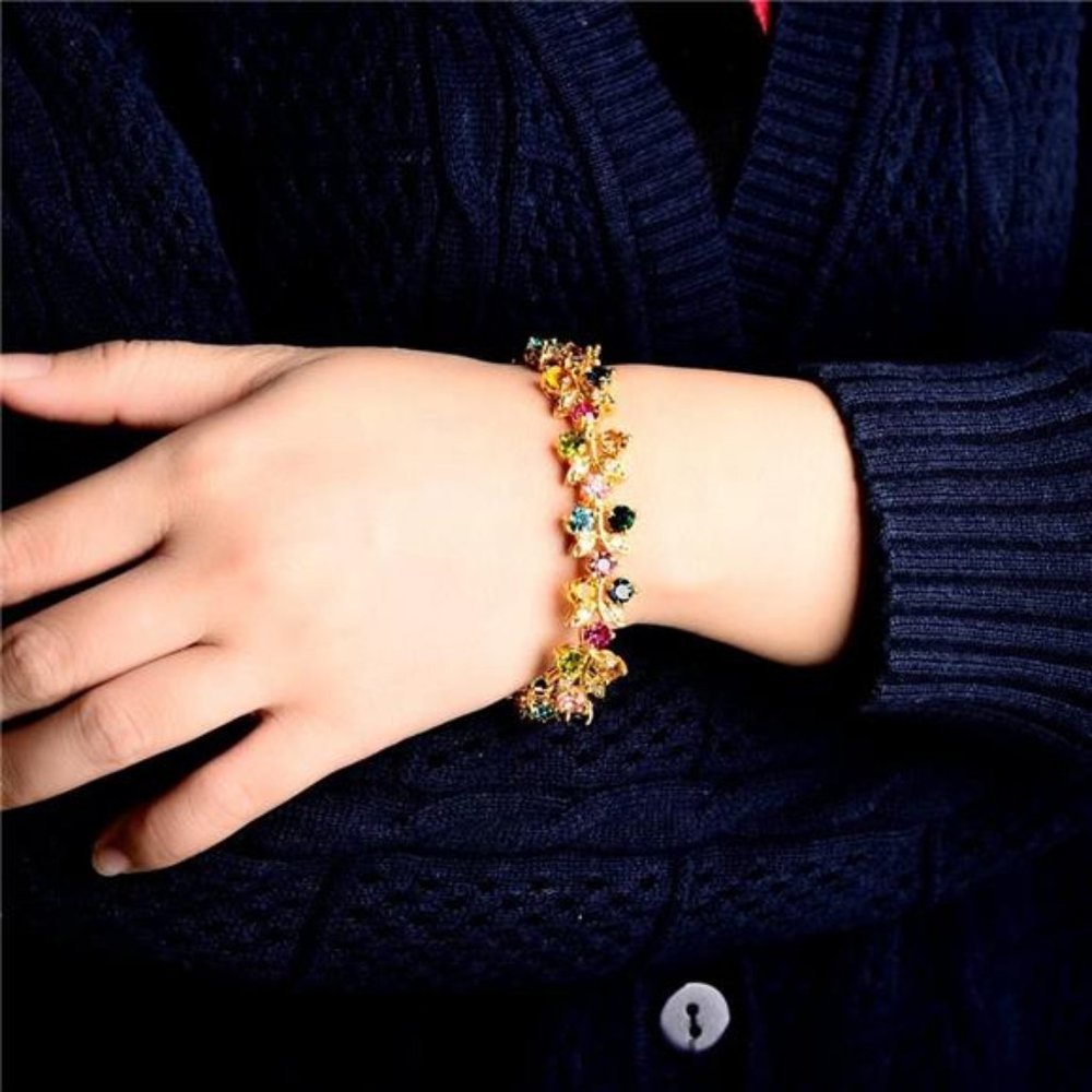 Multi-Color CZ Tennis Bracelet, Yellow Gold Plated, 7"